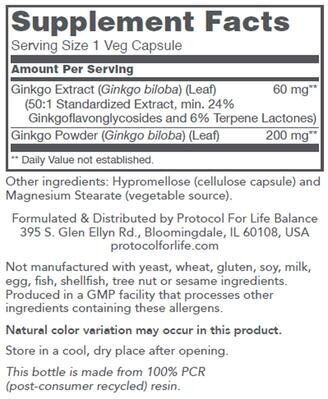 Гінкго Білоба Protocol for Life Balance Ginkgo Biloba 60 мг, 60 веганських капсул