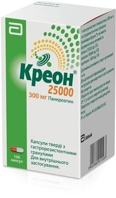 Креон 25000 капсули тв. з гастрорезист. гран. по 300 мг №100 у флак.