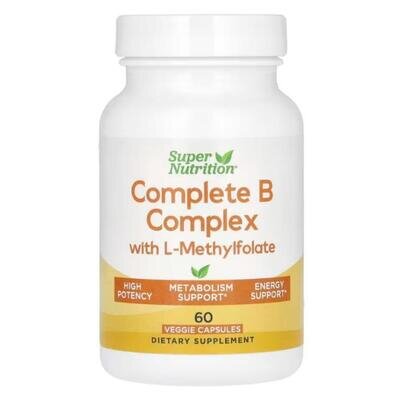 Комплекс вітамінів групи B з L-метилфолатом Super Nutrition Complete B Complex with L-Methylfolate, 60 рослинних капсул