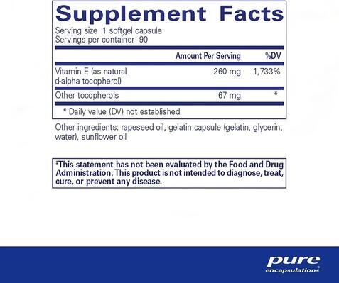 Вітамін Е Pure Encapsulations Vitamin E (with mixed tocopherols), 90 капсул