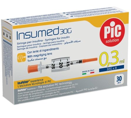 Шприц інсуліновий 0,3 мл Insumed 30G (0,30 х 8 мм), 30 штук