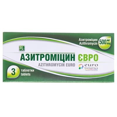 Азитроміцин євро таблетки, в/о по 500 мг №3 (3х1)