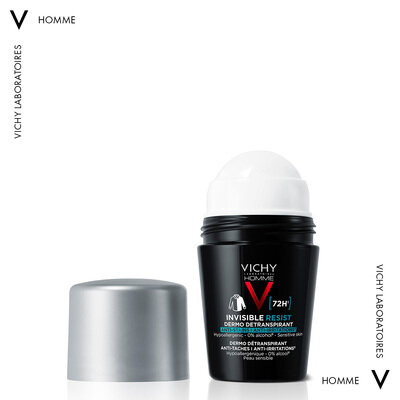 Дезодорант-антиперспірант кульковий Vichy Homme 72h Invisible Resist для чоловіків захист від поту і запаху проти жовтих і білих плям на одязі, 50 мл
