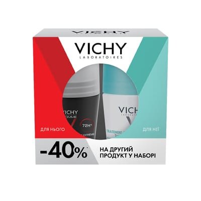 Набір антиперспірантів кулькових Vichy 2025 (чоловічий 72 години захисту 50 мл + жіночий 48 годин захисту 50 мл) -40% на другий продукт у наборі