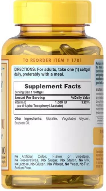 Вітамін Е Puritan's Pride Vitamin E 1000 IU 450 мг, 100 капсул