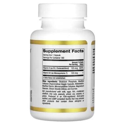 Вітамін D3 + K2 California Gold Nutrition Vitamin D3 + K2 веганські капсули №180