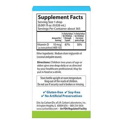 Вітамін D3 для дітей Carlson Labs Kid's Super Daily Vitamin D3 400 МО, 10.3 мл