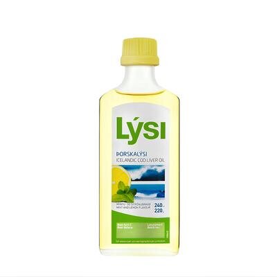 Омега-3 риб'ячий жир LYSI з печінки тріски з вітамінами А, D, Е зі смаком лимона та м'яти, рідка форма по 240 мл у скляній пляшці