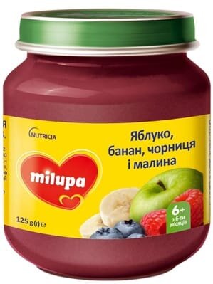 Пюре фруктове Milupa Яблуко, банан, чорниця та малина для дітей з 6 місяців, 125 г