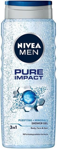 Гель для душу чоловічий Nivea Men 3-в-1 Pure Impact для тіла, обличчя та волосся, 500 мл