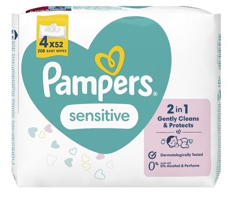Серветки вологі Pampers Sensitive дитячі, 208 шт (4 x 52 шт)