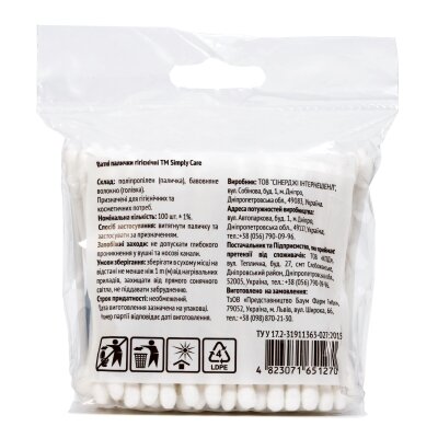 Ватні палички Simply Care пакет, 100 штук