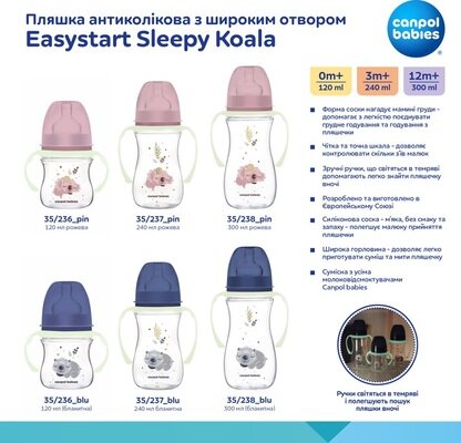 Пляшечка Canpol Babies Easystart Sleepy Koala 35/237_blu антиколікова з широким отвором, блакитна, 240 мл