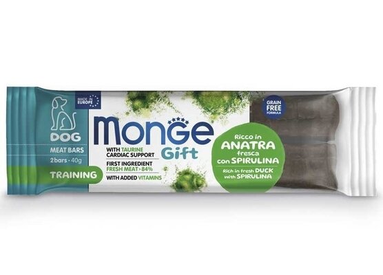 Ласощі для собак Monge Gift Dog Training Батончики з качкою та спіруліною, 2 штуки по 40 г