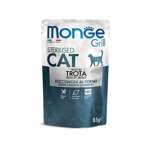 Корм вологий Monge Cat Grill Sterilised для стерилізованих котів, форель (шматочки в желе), 85 г