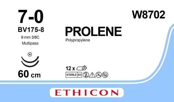 Шовний матеріал хірургічний Prolene W8702 р. USP 7/0 нерозсмоктуючий довжина 60 см, 2 голки колючі 9,3 мм, 3/8 кола BV175