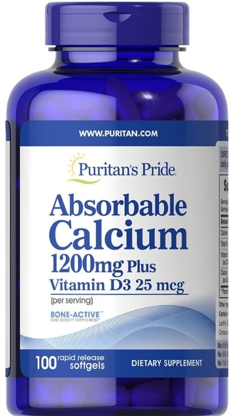 Кальцій з вітаміном Д3 Puritan's Pride Absorbable Calcium 1200 мг Plus Vitamin D3 25 мкг, 100 гелевих капсул