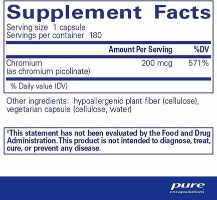 Хром (піколінат) Pure Encapsulations Chromium (picolinate) 200 мкг, 180 капсул
