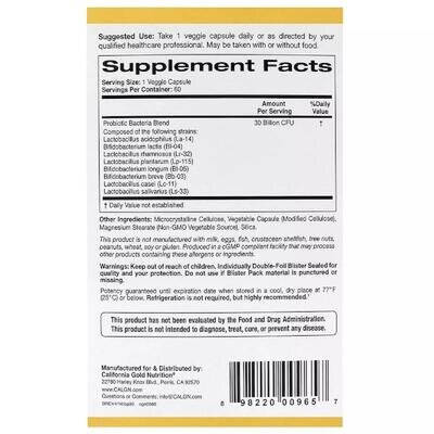 Пробіотики LactoBif California Gold Nutrition 30 млрд КОЕ, 60 капсул