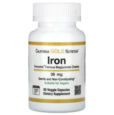 Залізо California Gold Nutrition Iron 36 мг, 90 рослинних капсул