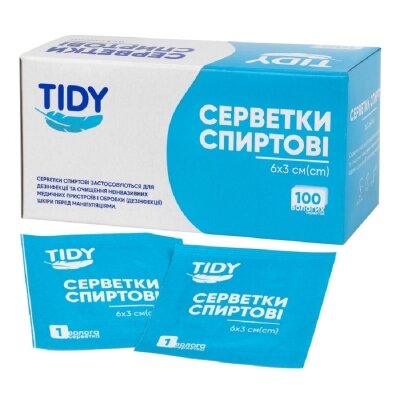 Серветки спиртові Tidy медичні 30 мм х 60 мм, 100 штук