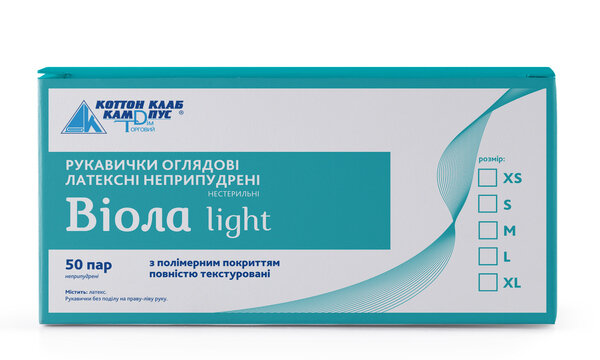 Рукавички оглядові Віола Light латексні без пудри з полімерним покриттям текстуровані, нестерильні, розмір М, пара