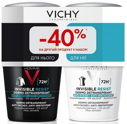 Набір антиперспірантів кулькових Vichy Invisible Resist 72 години захисту, чоловічий та жіночий, 2 шт х 50 мл