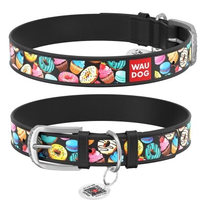 Нашийник для собак Collar WAUDOG Design з QR паспортом, малюнок Пончики, шкіряний, ширина 20 мм довжина 30-39 см, чорний