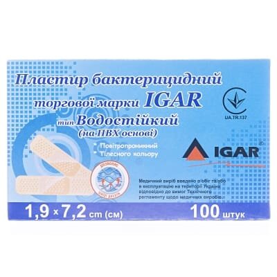 Пластир бактерицидний IGAR тип Водостійкий на полімерній основі (ПВХ) 1,9 см х 7,2 см, 100 штук