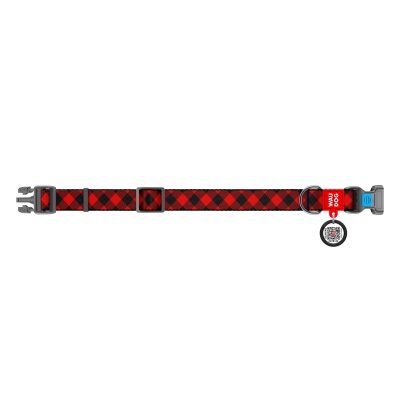 Нашийник Collar WAUDOG Nylon з QR-паспортом, малюнок Шотландка червона, пластиковий фастекс, ширина 15 мм довжина 23-35 см