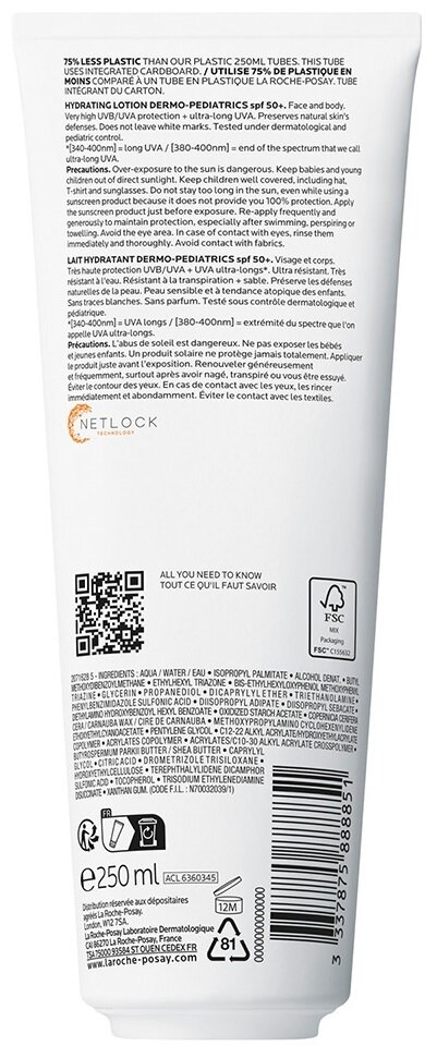 Молочко La Roche Posay Anthelios UVMune 400 Dermo-Pediatrics SPF50+ сонцезахисне водостійке зволожувальне для чутливої шкіри дітей, 250 мл