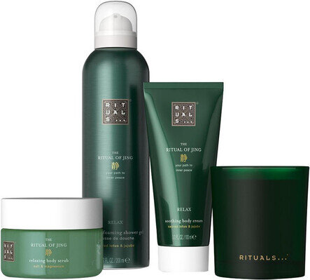 Набір Rituals The Ritual Of Jing Gift Set M (Крем для тіла 100 мл + Скраб для тіла 125 мл + Гель для душу 200 мл + Ароматична свічка 140 г)