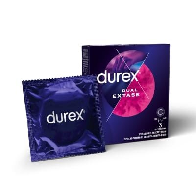 Презервативи латексні Durex Dual Extase рельєфні з анестетиком, 3 штуки