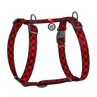 Шлея для собак Collar WAUDOG Nylon Шотландка червона анатомічна H-подібна з QR-паспортом, розмір М, пластик