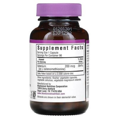 Селен Bluebonnet Nutrition Selenium 200 мкг, без дріжджів, 90 вегетаріанських капсул