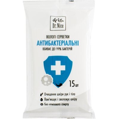 Серветки вологі Dr.Nice Антибактеріальні, 15 шт