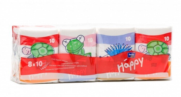 Хустинки паперові носові гігієнічні Bella Baby Happy Mini тришарові, 10 шт x 8 уп