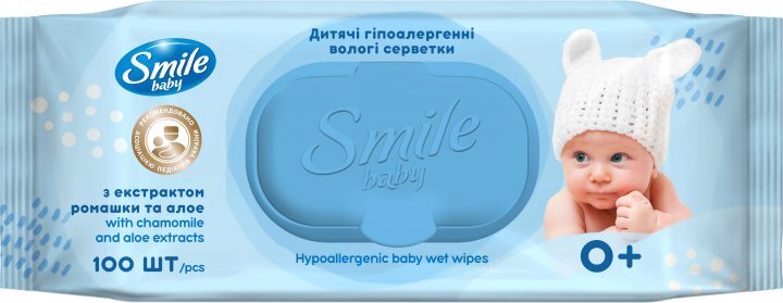 Серветки вологі Smile Baby 0+ дитячі з екстрактом ромашки, алое та вітамінним комплексом, 100 шт