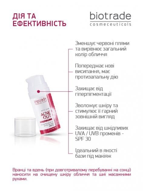 Крем для обличчя Biotrade Acne Out SPF 30 відновлюючий для шкіри зі слідами постакне, 30 г