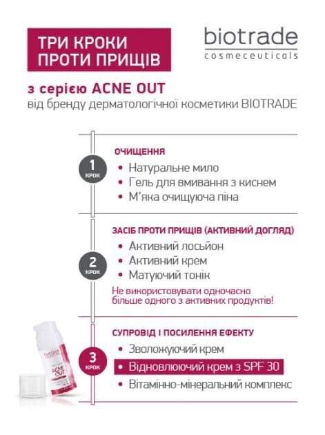 Крем для обличчя Biotrade Acne Out SPF 30 відновлюючий для шкіри зі слідами постакне, 30 г