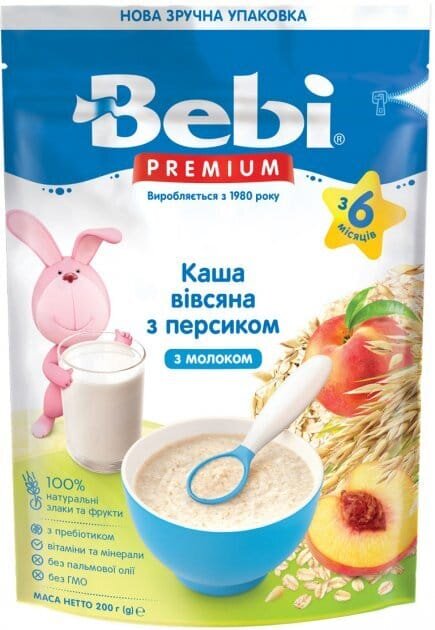 Каша молочна Bebi Premium Вівсяна з персиком, з 6 місяців, 200 г