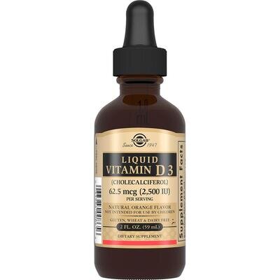 Вітамін Д3 Solgar Liquid Vitamin D3 (Cholecalciferol) 62,5 мкг (2500 МО) смак апельсину, 59 мл