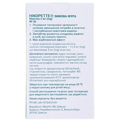 Нікоретте зимова м'ята гумка жув. лікув. по 2 мг №30 (15х2)