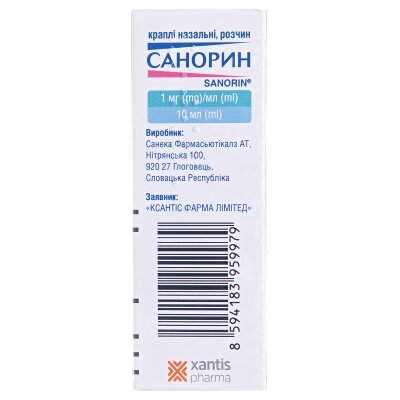 Санорин краплі наз., р-н, 1 мг/мл по 10 мл у флак. з криш.-крап.