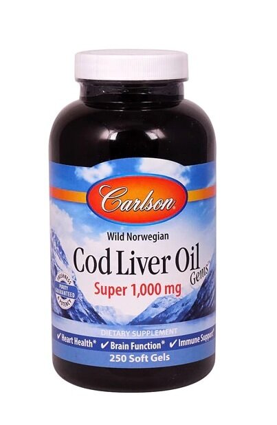 Риб'ячий жир Carlson Labs Cod Liver Oil 1000 мг з печінки норвезької тріски, 250 капсул