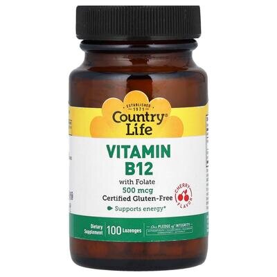 Вітамін B12 з фолатом Country Life Vitamin B12 with Folate 500 мкг/667 мкг DFE (400 мкг) смак вишня, 100 пастилок
