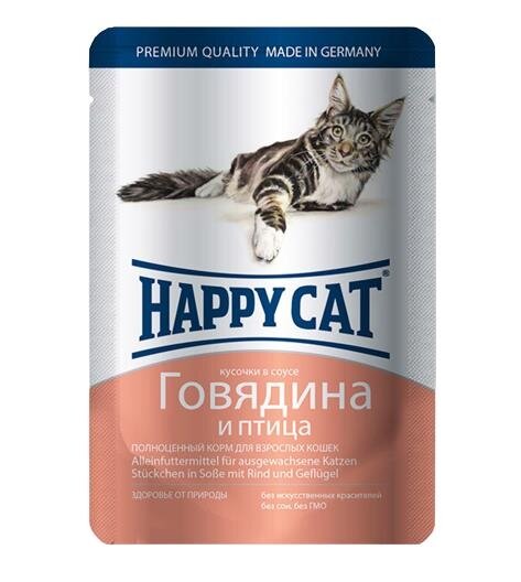 Корм вологий Happy Cat для кішок з яловичиною та птицею шматочки в соусі, 100 г