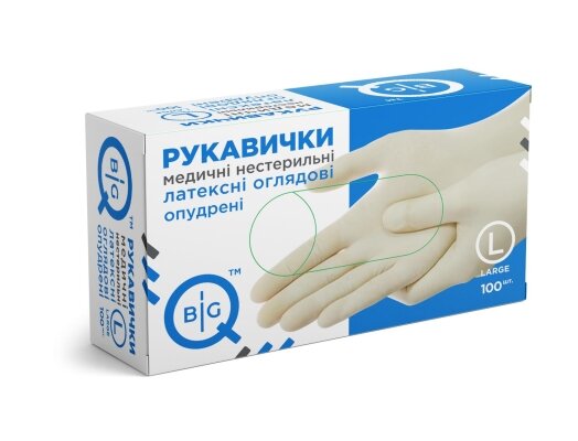 Рукавички оглядові BigQ латексні припудрені, нестерильні, розмір L, 100 штук
