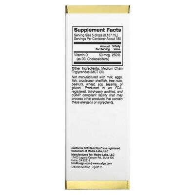 Вітамін D3 California Gold Nutrition Vitamin D3 2000 МО, 30 мл