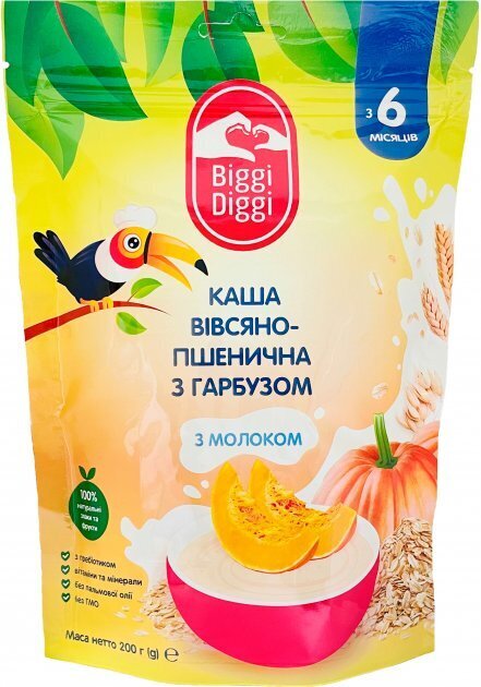 Каша молочна Biggi Diggi швидкорозчинна вівсяно-пшенична з гарбузом для дітей з 6 місяців, 200 г